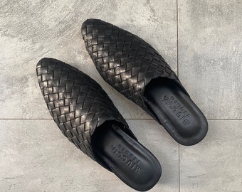 Valencia Handwoven Goatskin Leather Mules, Handmade Goatskin Leather Mules Black, Hand Woven Mules