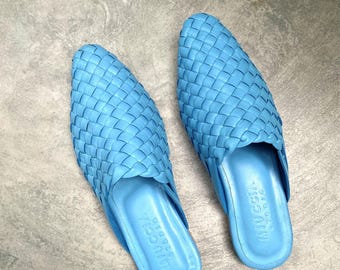 NAMARA Handgewebte Ziegenleder Pantoletten, Handgewebte Ziegenleder Pantoletten, Retro Blaue Pantoletten, Geschenk für Sie