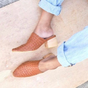 Milana Wooden Block Mules, Handmade Leather Mules, Hand Woven Mules with 5 cm Heels, Woven Heel with Wooden Heel