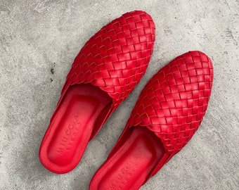 Audia Leather Mules, Red Woven Mules, handmade mules