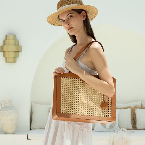 Arika Tote Bag, Rattan Tote Bag, Basket Bag, Cane Webbing Bag, Rattan Shopper Bag, Wicker Bag, Vintage Style Rattan Bag