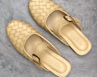 Marie Jane  Leather Mules, Butter Yellow Woven Mules, handmade mules, Gift for her