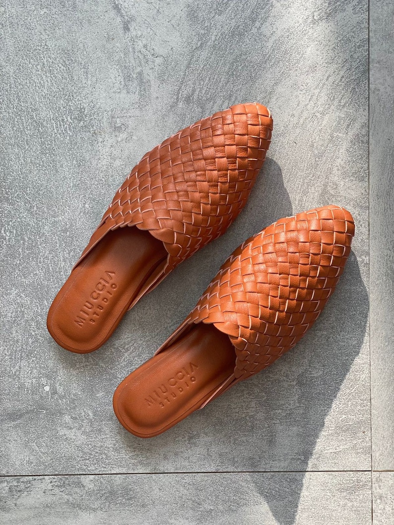 Vania Handwoven Goatskin Leather Mules, Handmade Goatskin Leather Mules, Hand Woven Mules