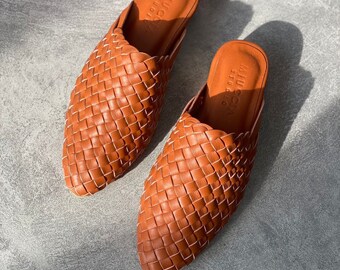 Victoria Handwoven Goatskin Mules, Handmade Goatskin Leather Mules