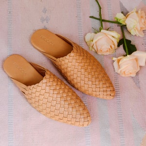 Belle Handwoven Goatskin Leather Mules, Handmade Goatskin Leather Mules, Hand Woven Mules image 3