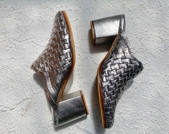 Leia Handwoven Goatskin Heel, Silver Leather Mules, Handmade Goatskin Leather Mules, Hand Woven Mules with 7 cm Heels