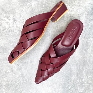 Bianca Woven Mules , 3 cm heel mules, genuine leather Mules, Burgundy woven leather mules, Gift for her