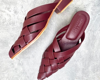 Bianca Woven Mules , 3 cm heel mules, genuine leather Mules, Burgundy woven leather mules, Gift for her