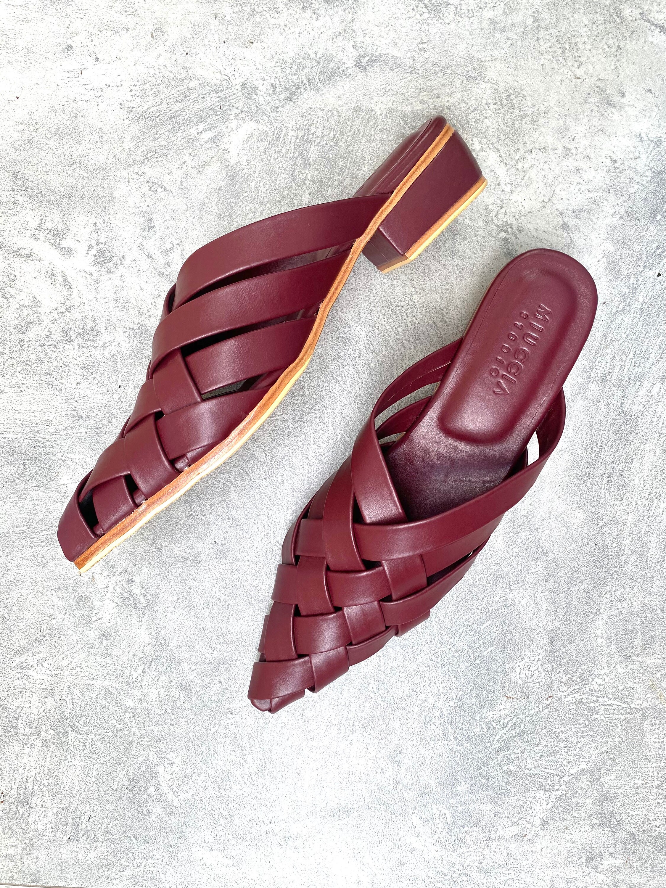 Bianca Woven Mules , 3 cm heel mules, genuine leather Mules, Burgundy woven leather mules, Gift for her