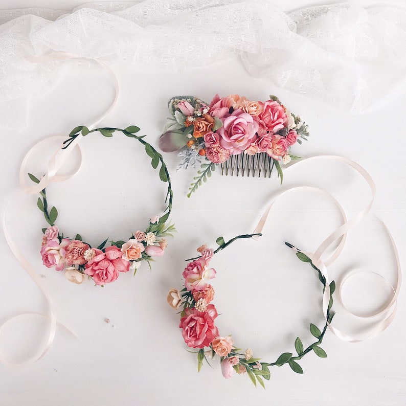 Flower girl crown Coral flower girl headpiece flower girl Etsy