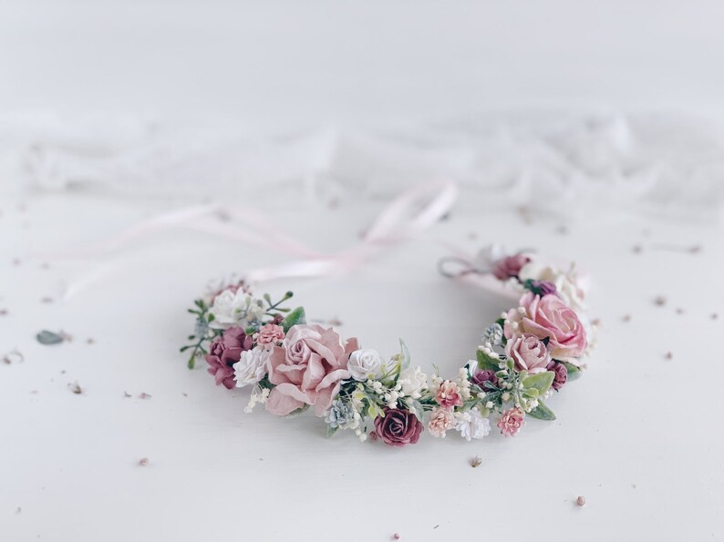 Flower girl crown Wedding Flower crown Dusty rose flower Etsy