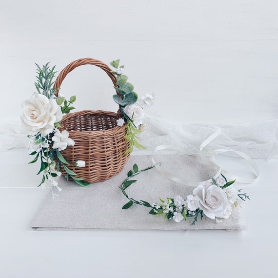 Flower girl basket flower girl basket with WHITE flowers Etsy