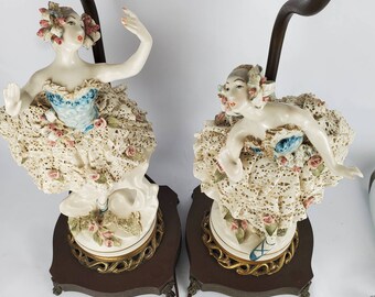 Set Of 2 Antique Italian/Italy Porcelain Ballerina Electric Table Lamps