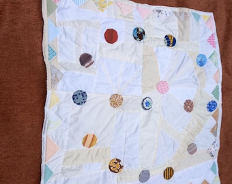 FIRST Blanket Quilted cover appliquéd with  circles and bunting. No machine. Wholly hand sewn from start to finish.