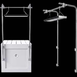 May include: Two images of a hydroponic grow system. The system features a white box with a slotted top, a hanging LED grow light, and a chrome-colored metal frame. The background is black.