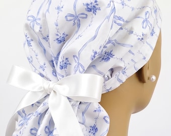 Light Blue-Ribbon Bows and Floral, Satin Lined Ponytail Scrub Hat: Protect Hair with Satin Lined Scrub Cap, Nurse/Doctor Hair Protection
