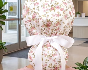 Dainty Mini Dusty Rose Flowers Satin Lined Ponytail Scrub Cap Protect Hair w/ Satin Nurse/Doctor/Surgical Hat Anti-Frizz Scrub Cap Scrubs