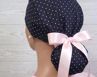 Black/White Polka Dots Satin Lined Ponytail Scrub Hat, Protect Hair w/Lining, Nurse/Doctor/Surgical Cap Anti-Frizz Adjustable Tie Back Scrub