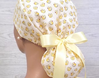 Cute Little Ducklings Satin Lined Ponytail Scrub Cap Protect Hair w/Satin Nurse/Doctor/Surgical Hat Anti-Frizz Adjustable Buttons Option