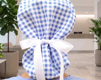 Gingham Periwinkle/White Satin Lined Ponytail Scrub Cap Protect Hair w/Lining Nurse/Doctor/Surgical Hat Anti-Frizz Adjustable Tie Back