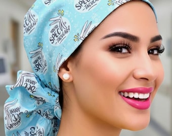Spectacular Gynecology Satin Lined Ponytail Scrub Cap, Nurse Doctor Surgical Hat with Buttons Option, Obgyn Scrub Bonnet for Women