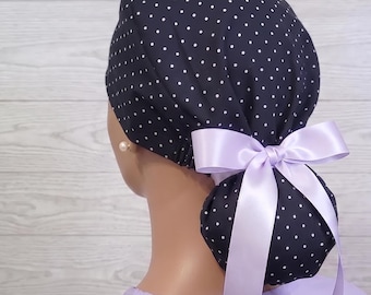 Black/White Polka Dots Satin Lined Ponytail Scrub Hat, Protect Hair w/Lining, Nurse/Doctor/Surgical Cap Anti-Frizz Adjustable Tie Back Scrub