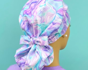 Beach Day Swirls Satin Lined Ponytail Scrub Hat Nurse/Doctor/Surgical Cap Tie Back, Buttons Option Adjustable Protect Hair w/Satin Scrubs