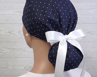 Black/White Polka Dots Satin Lined Ponytail Scrub Hat, Protect Hair w/Lining, Nurse/Doctor/Surgical Cap Anti-Frizz Adjustable Tie Back Scrub
