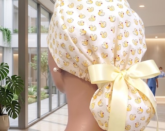 Cute Little Ducklings Satin Lined Ponytail Scrub Cap Protect Hair w/Satin Nurse/Doctor/Surgical Hat Anti-Frizz Adjustable Buttons Option