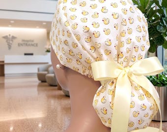 Cute Little Ducklings Satin Lined Ponytail Scrub Cap Protect Hair w/Satin Nurse/Doctor/Surgical Hat Anti-Frizz Adjustable Buttons Option