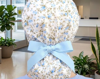 Dainty Mini Blue Flowers Satin Lined Ponytail Scrub Cap Protect Hair with Satin Lining Nurse/Doctor/Surgical Hat Anti-frizz Scrub Cap Scrubs