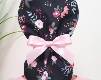Pink/Rose/White Floral Satin Lined Ponytail Scrub Hat Doctor/Nurse/Surgical/Dental Hygienist/Dentist Anti-Frizz Scrub Cap Buttons Options