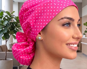 Hot Pink/White Polka Dots Satin Lined Ponytail Scrub Hat Protect Hair w/Lining Nurse/Doctor/Surgical Cap Anti-Frizz Adjustable Tie Back