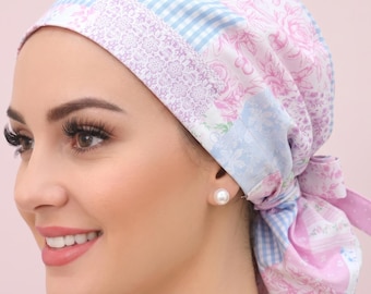 Pink/Blue/Lavender Patchwork Satin Lined Ponytail Scrub Hat, Protect Hair with Satin Lining, Nurse/Doctor/Surgical Cap, Anti-frizz Hat