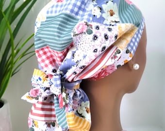 Country Patchwork Satin Lined Ponytail Scrub Hat Protect Hair w/Satin Nurse/Doctor/Surgical Cap Anti-Frizz Adjustable Tie Back Button Option