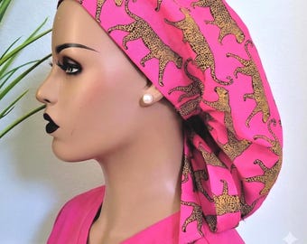 Protect Hair w/Satin Lining, Leopard Prawl Satin Lined Ponytail Scrub Hat, Nurse/Doctor/Surgical Cap, Anti-frizz, Buttons Option, Scrubs