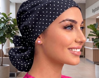 Black/White Polka Dots Satin Lined Ponytail Scrub Hat, Protect Hair w/Lining, Nurse/Doctor/Surgical Cap Anti-Frizz Adjustable Tie Back Scrub