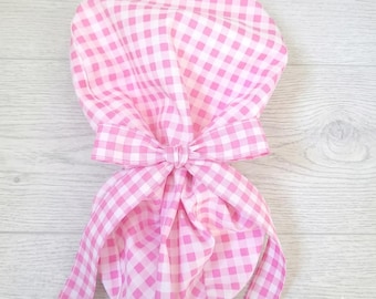 Gingham Pink/White Satin Lined Ponytail Scrub Cap, Protect Hair with Satin Lining, Nurse/Doctor/Surgical Hat, Anti-frizz scrub Cap, Scrubs