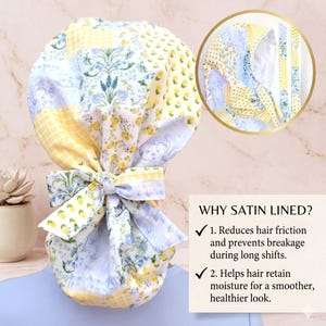 May include: A patchwork scrub cap with a satin lining, featuring floral and gingham patterns in yellow, blue, and white. The cap has a large bow and is designed to reduce hair friction and retain moisture.