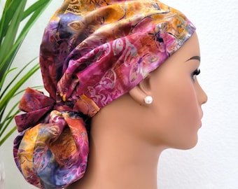 Protect Hair with Satin Lined Scrub Cap, Floral Batik Ponytail Scrub Hat: Satin-Lined Nurse/Doctor Cap