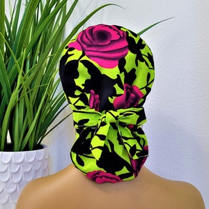 Satin Lined Ankara Scrub Cap: Ponytail Hat with Buttons