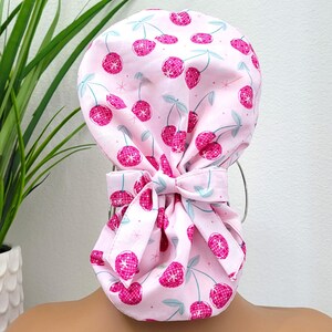 Pretty Cherries Satin Lined Ponytail Scrub Cap, Protect Hair w/Satin Lined Scrub Cap. Buttons Option, Size Option, Nurse/Surgical Cap