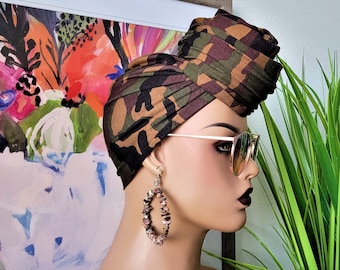 Jersey Knit Head Wrap, Turban Headwrap, Camouflage Headwrap, Not Pre-Tied, Stretchy Headwrap, Headwrap, Stretch Headwrap, One Sided Fabric