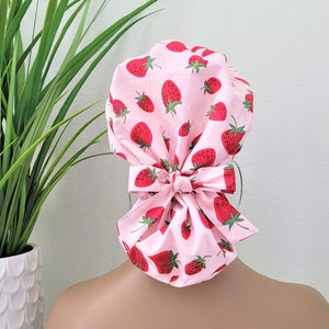 Strawberry Satin Lined Ponytail Scrub Cap, Protect Hair w/Satin Lined Scrub Cap. Buttons Option, Size Option See Description, Surgical Cap