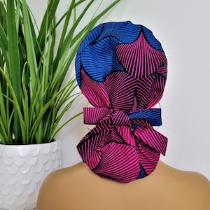 Protect Hair w/Satin Lined Scrub Cap. Buttons Option, Size See Description, Nurse/Surgical/Doctor Cap, Ankara Fabric, Ponytail Scrub Hat