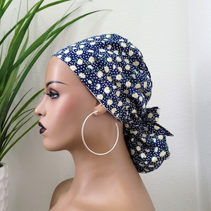 Cute Daisies Satin Lined Ponytail Scrub Hat, Protect Hair w/Satin Lined Scrub Cap. Buttons Option, Size See Description, Nurse/Surgical Cap
