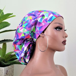 Satin Lined Scrub Cap: Purple Geometric Print, Adjustable Tie