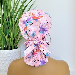 Peach Butterfly Ponytail Scrub Hat: Satin Lined Cotton Surgical Cap