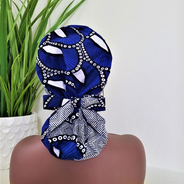 Protect Hair w/Satin Lined Scrub Cap. Buttons Option, Size See Description, Nurse/Surgical/Doctor Cap, Ankara Fabric, Ponytail Scrub Hat