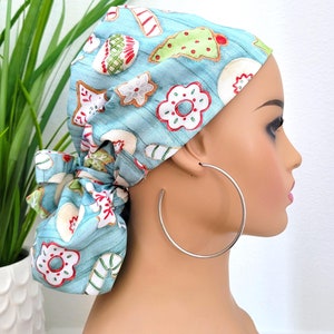 Christmas Cookies Satin Lined Ponytail Scrub Cap - Nurse Hat